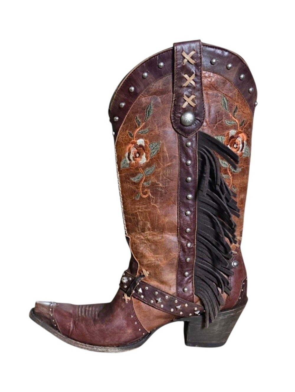 Old Gringo Brown Fringe Studded Embroidered Floral Leather Western Boots Size 10